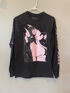 Black Graphic Long Sleeve Tee with Pink Anime Illustration lewd complex small